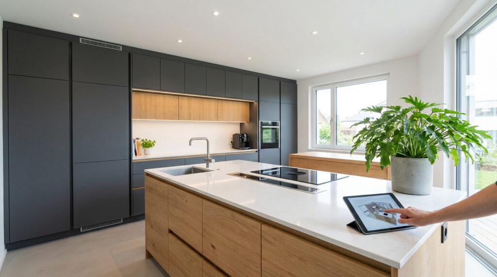 Cuisine moderne SoCoo'c avec îlot central en bois clair et plan de travail blanc. Meubles gris foncé, four encastré. Une main utilise une tablette.