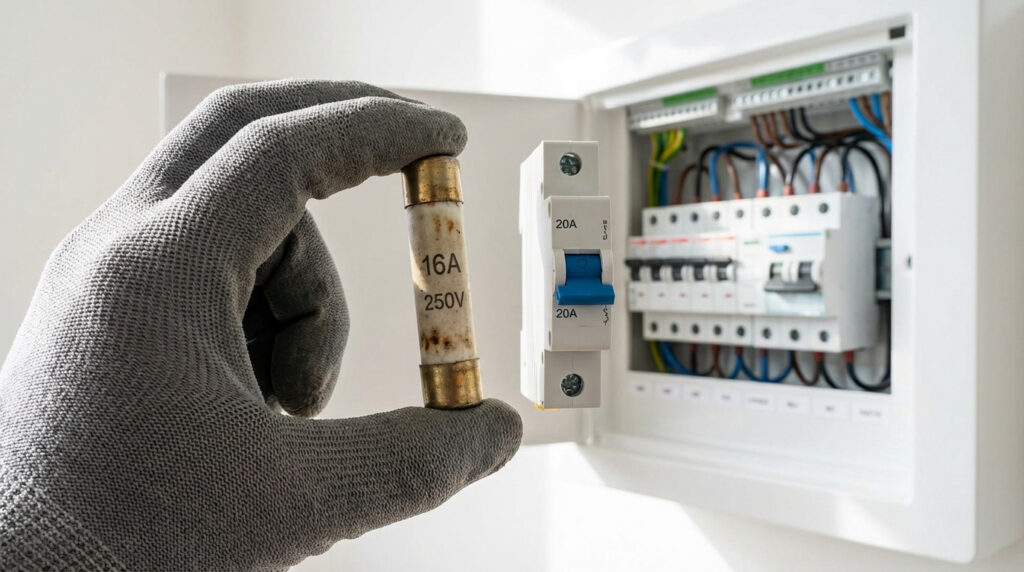 Main gantée tenant un fusible 16A ancien devant un disjoncteur 20A neuf dans un tableau électrique moderne.