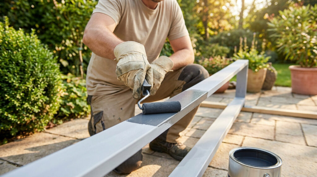 Un homme en gants peint une structure métallique en aluminium gris avec un rouleau, travaillant sur une terrasse ensoleillée.