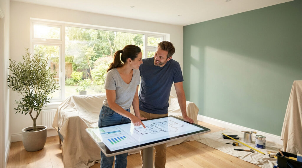 Un couple souriant examine un plan architectural et des données financières sur un grand écran tactile, dans une pièce en cours de rénovation.