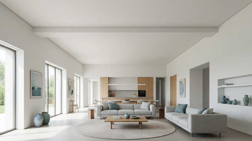 Intérieur moderne et minimaliste : salon-cuisine ouvert, murs blancs, mobilier clair, grandes fenêtres. Poutre retroussée au plafond.