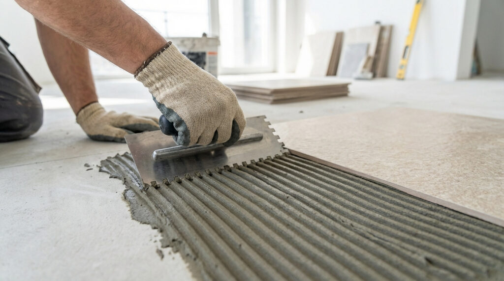 Gros plan sur des mains gantées appliquant de la colle à carrelage au sol avec une truelle crantée, formant des sillons réguliers.