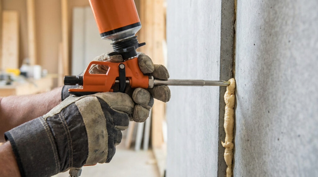 Gros plan sur des mains gantées utilisant un pistolet à mousse expansive pour remplir une fissure murale.