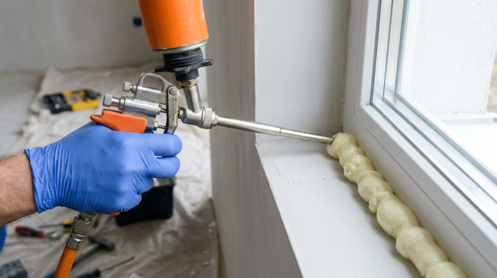 Main gantée appliquant de la mousse expansive avec un pistolet le long d'un cadre de fenêtre blanc pour l'isolation thermique.