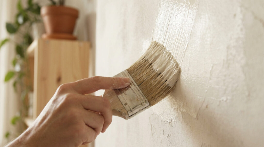 Gros plan sur une main appliquant de la peinture à la chaux beige sur un mur texturé avec un pinceau large.