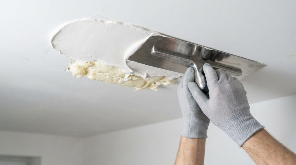 Mains gantées appliquant de l'enduit blanc sur de la mousse expansive jaunâtre au plafond avec une truelle. Travaux de rénovation.