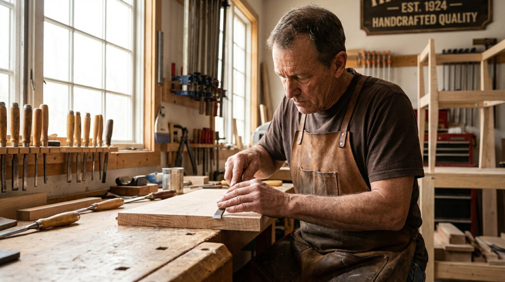 Un artisan Compagnon du Devoir, en tablier de cuir, cisèle une pièce de bois dans son atelier lumineux. Outils organisés.