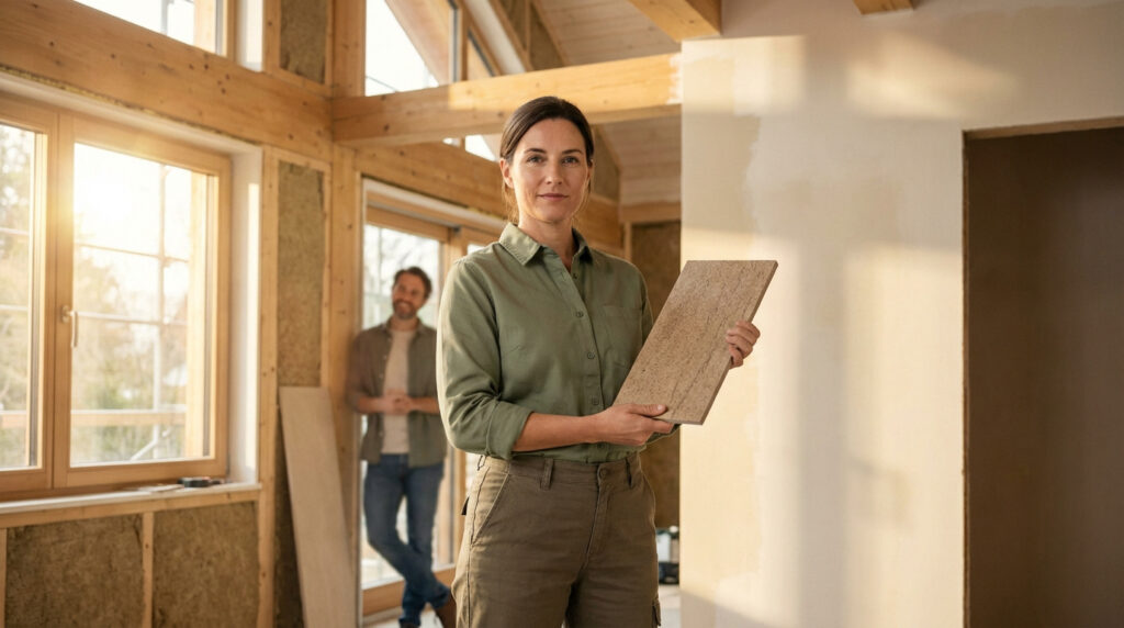 Femme en chemise kaki tient un échantillon de matériau brut dans un chantier lumineux. L'isolation écologique est visible dans les murs.