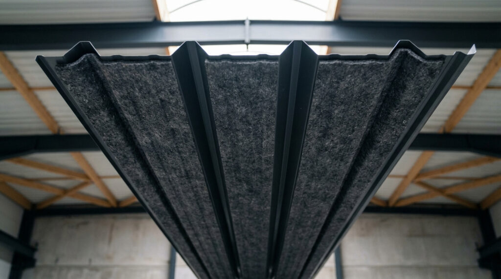 Vue rapprochée de l'envers d'un bac acier avec un revêtement feutré gris foncé pour l'anti-condensation, sous une toiture d'entrepôt.