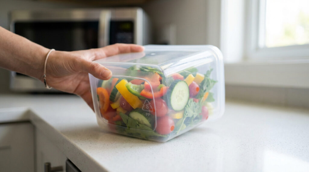 Main tenant un récipient transparent de salade fraîche (tomates, concombres, poivrons) marqué PP5, sur un comptoir de cuisine.
