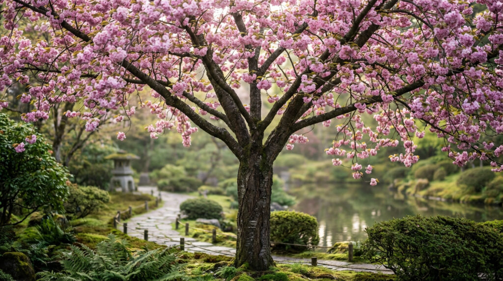 Magnifique cerisier japonais en pleine floraison de fleurs roses, au centre d'un jardin zen avec sentier, lanterne et étang.