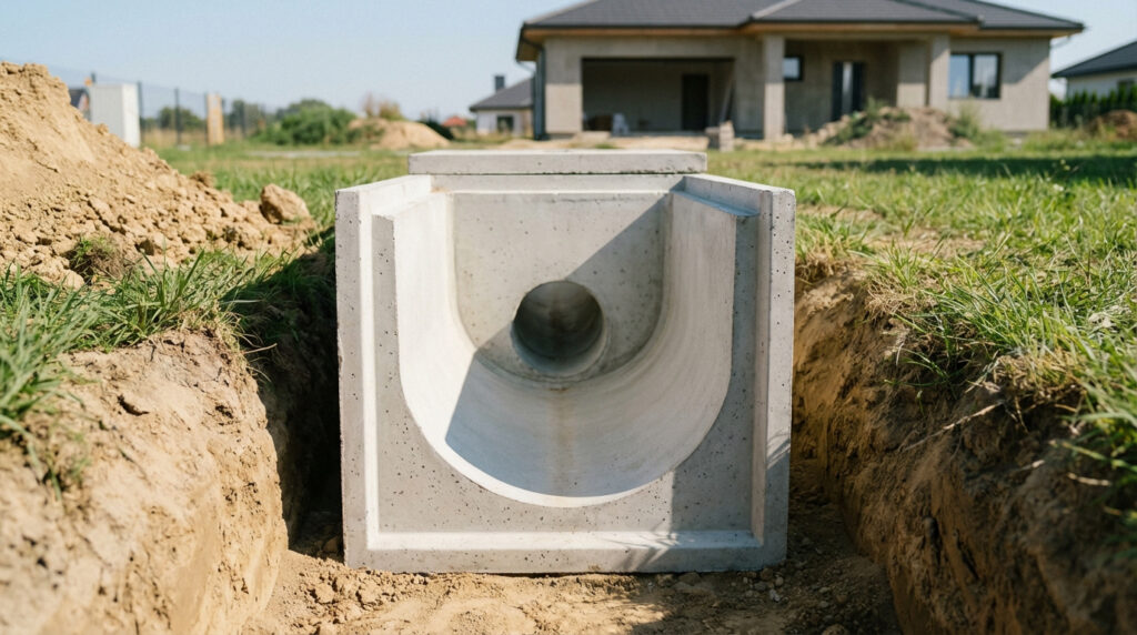 Un regard en béton pour eaux usées, avec canalisation intégrée, est posé dans une tranchée, devant une maison en construction.