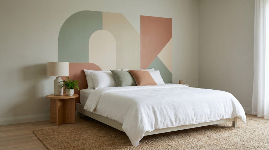 Chambre moderne, lit double avec peinture murale géométrique aux tons doux derrière la tête de lit, table de chevet en bois.