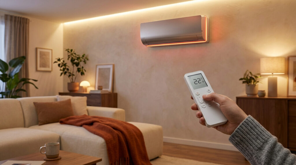 Main réglant une clim moderne affichant 22°C en mode chauffage (lumière orange) dans un salon chaleureux.
