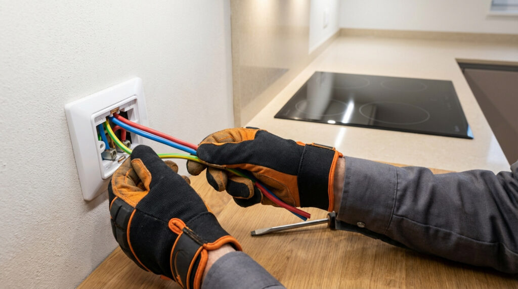 Des mains gantées installent des fils électriques colorés dans une prise murale, avec une plaque à induction visible en arrière-plan.