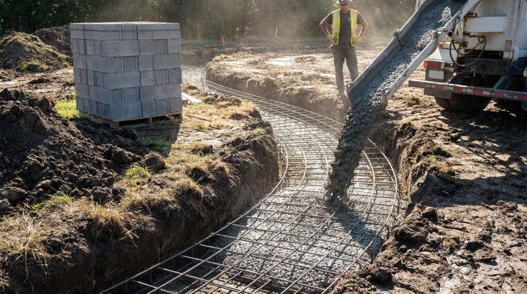 Un ouvrier supervise le coulage de béton d'une bétonnière dans une tranchée armée de treillis métallique pour une fondation, avec des parpaings à proximité.