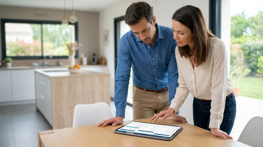 Un homme et une femme penchent sur une tablette affichant un devis travaux. Ils sont dans une cuisine moderne, avec vue sur le jardin.