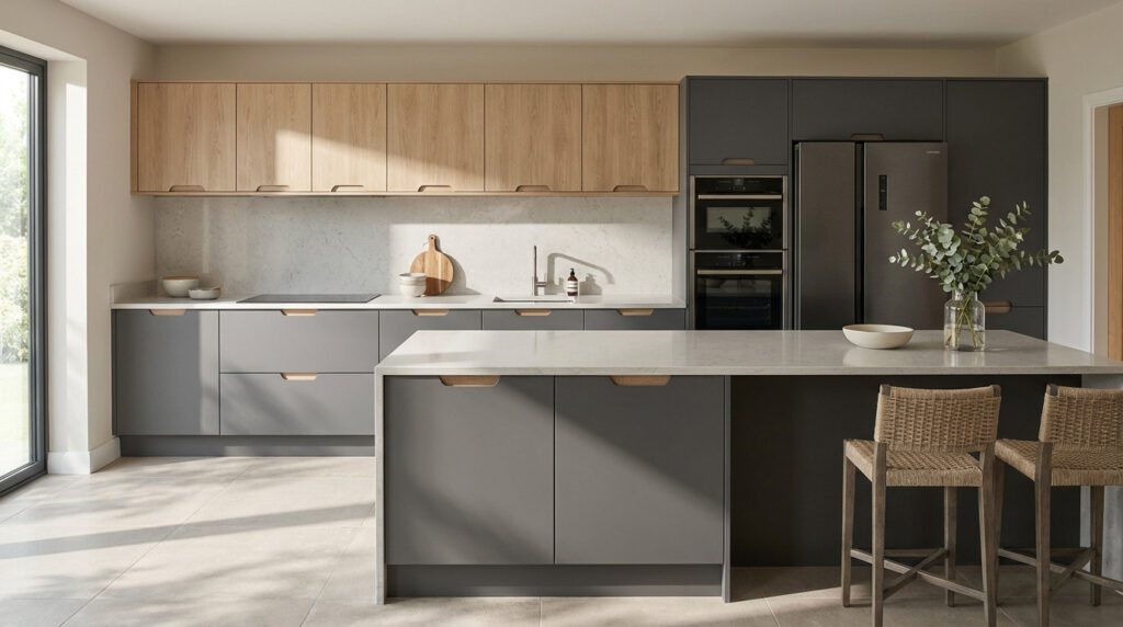 Cuisine moderne spacieuse avec meubles gris clair et hauts en bois clair, îlot central, plan de travail blanc et électroménager intégré.