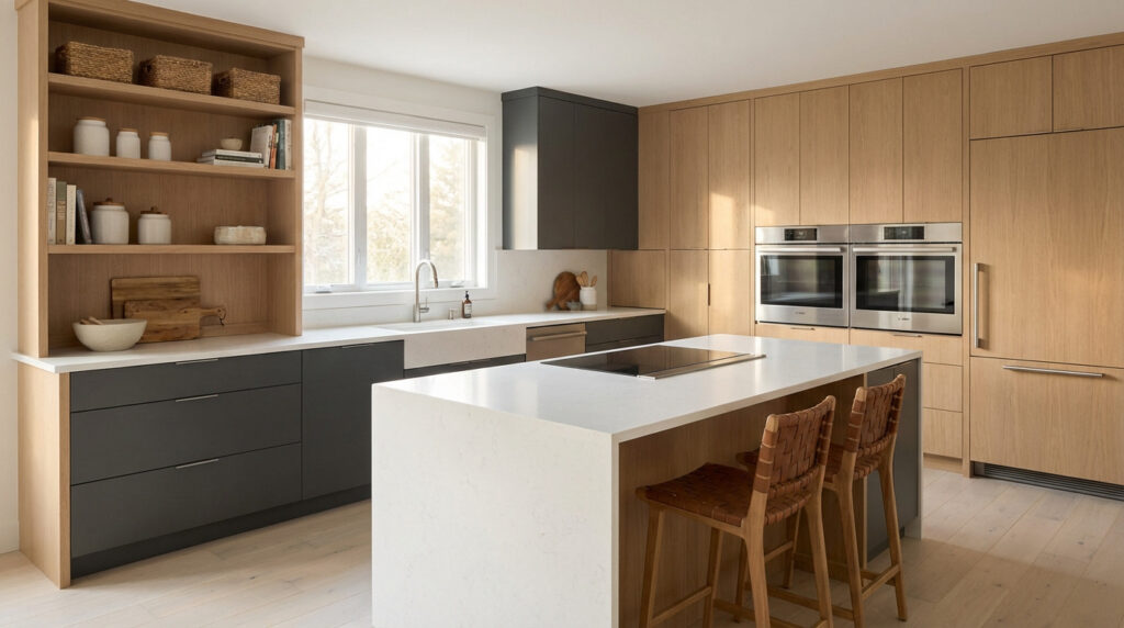 Cuisine moderne spacieuse avec îlot central blanc, meubles hauts en bois clair, bas anthracite, et électroménager intégré.