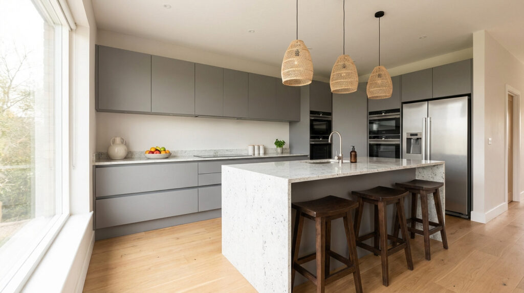 Cuisine moderne lumineuse avec des placards gris, îlot central en quartz blanc, tabourets bois et suspensions tressées.