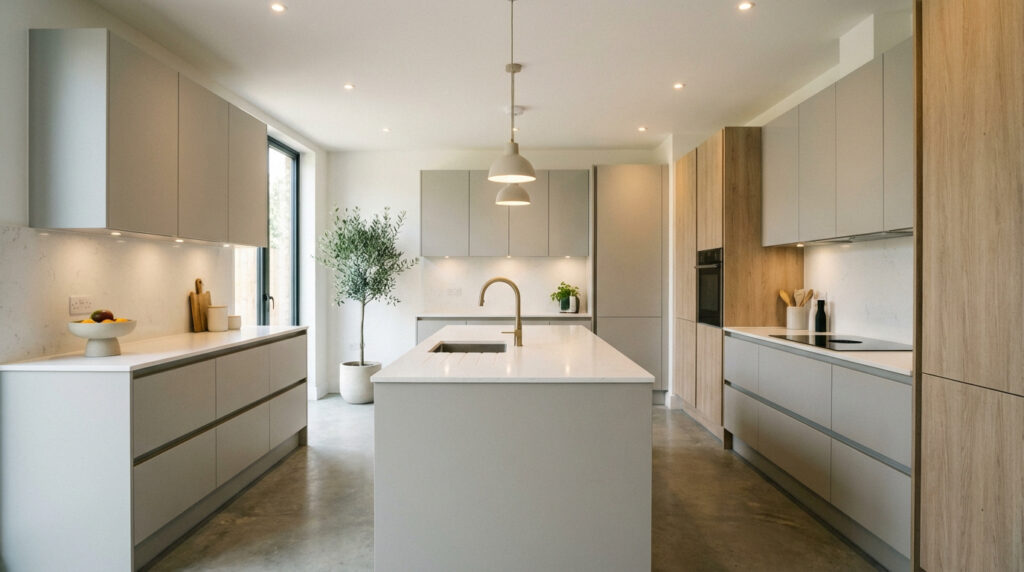 Intérieur de cuisine moderne avec îlot central, armoires gris clair et touches de bois, éclairage encastré, robinet doré.