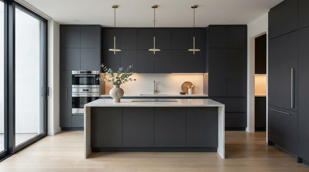 Cuisine moderne Arthur Bonnet anthracite et marbre. Îlot central, fours encastrés, luminaires en laiton, grande baie vitrée.