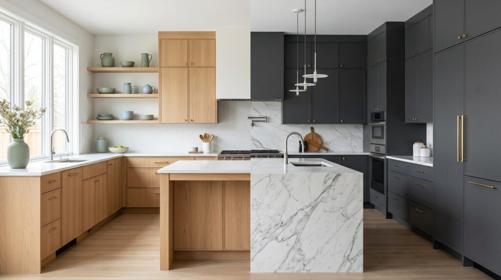 Cuisine moderne bois clair et gris anthracite. Îlot en marbre blanc, évier, étagères ouvertes et appareils électroménagers intégrés.