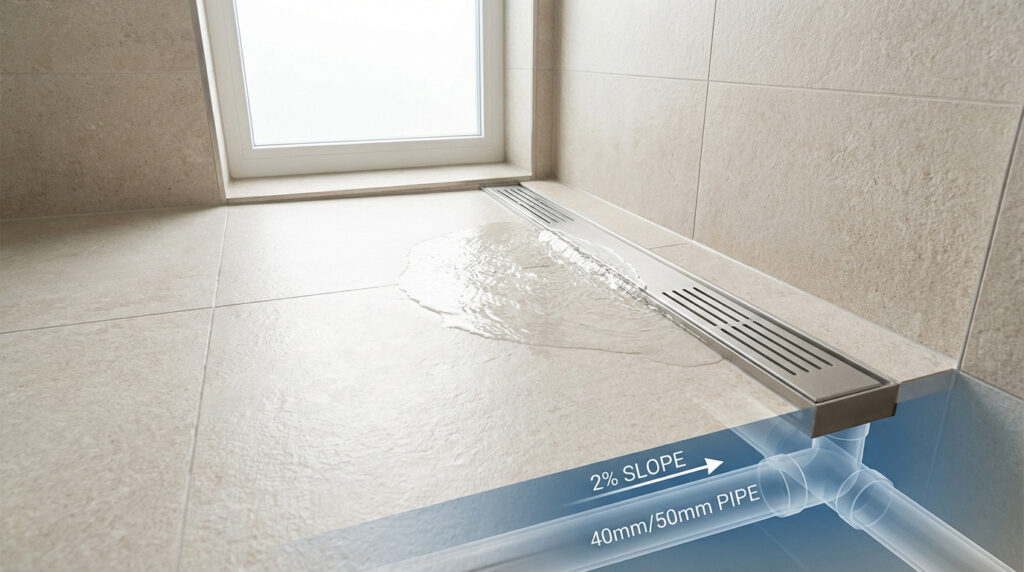 Vue en coupe d'un drain de douche linéaire avec eau s'écoulant sur carrelage clair. Indique une pente de 2% et des tuyaux de 40/50mm.