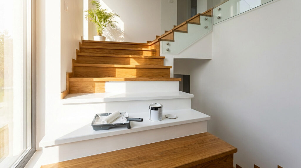 Escalier en bois clair en cours de peinture blanche. Un rouleau et un pot sont sur une marche. Intérieur lumineux.