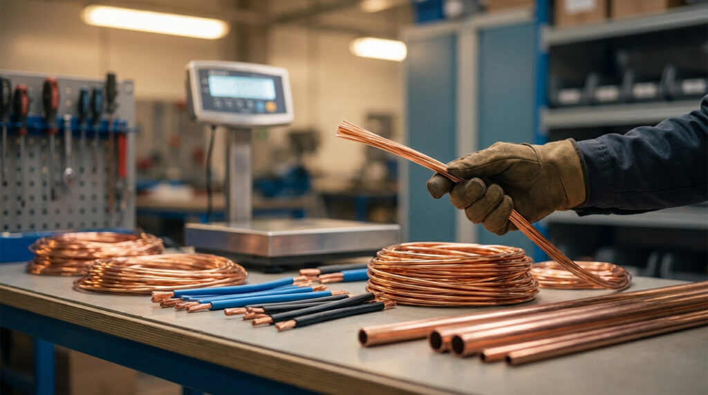 Main gantée tenant du fil de cuivre. Bobines, câbles isolés et tuyaux en cuivre sur une table avec une balance.