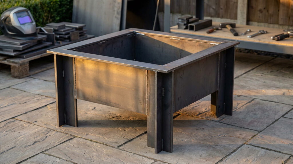 Brasero carré en métal brut en cours de fabrication, posé sur des dalles de terrasse, avec un casque de soudeur à l'arrière-plan.