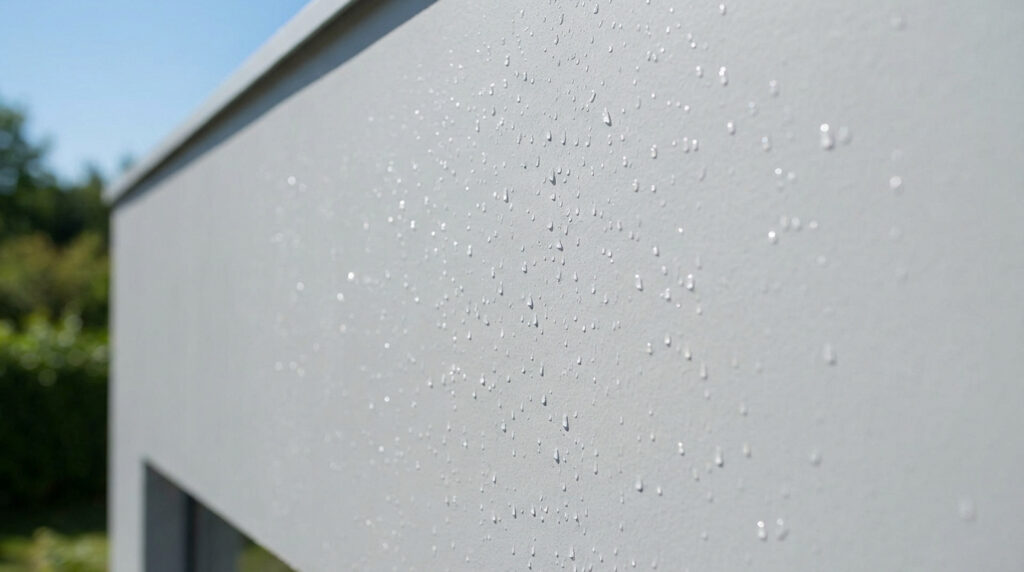 Gros plan sur une façade gris clair couverte de nombreuses gouttes d'eau perlantes, illustrant la propriété déperlante d'une peinture siloxane. Le ciel est bleu.