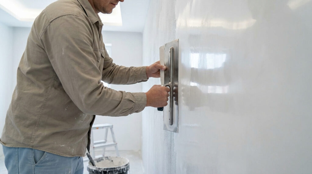 Un professionnel applique l'enduit de ratissage sur un mur blanc avec une taloche, assurant un fini parfaitement lisse et prêt à peindre.
