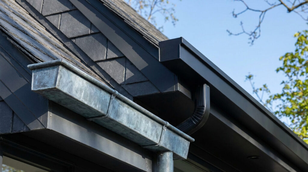 Deux gouttières distinctes, une en zinc patiné et une moderne en aluminium noir, sur un toit d'ardoise foncé sous ciel bleu.