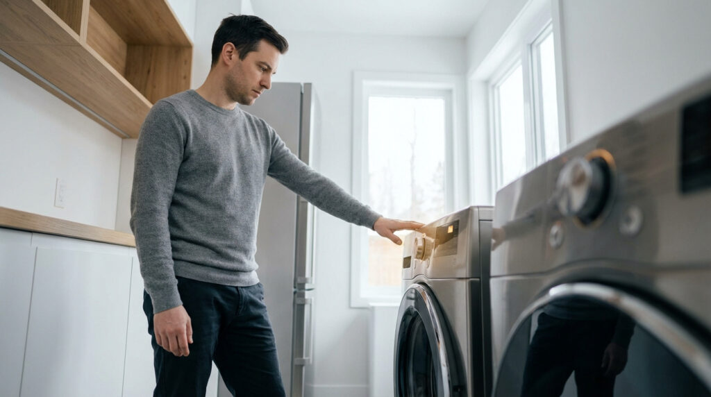 Un homme, pull gris, touche le panneau de commande d'un lave-linge gris métallique dans une buanderie lumineuse.
