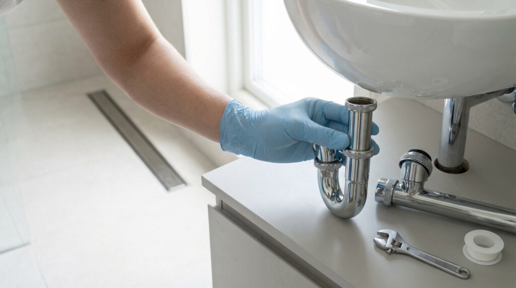 Main gantée installant un siphon chromé sous un lavabo blanc. Outils de plomberie et bande téflon sont posés sur le meuble.