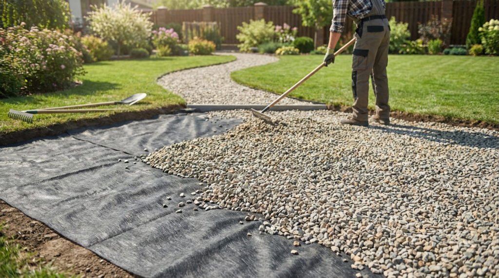 Un homme installe une allée en gravier sur géotextile dans un jardin verdoyant. Râteau et pelle visibles.