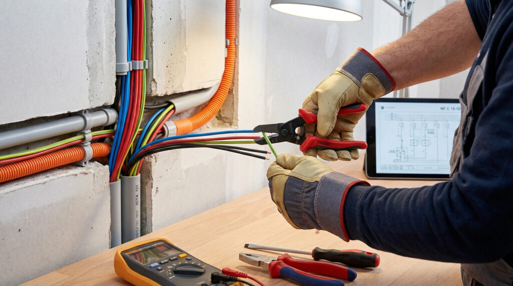 Mains gantées d'un électricien dénudant un câble électrique coloré. Câbles visibles dans conduits muraux, tablette avec schéma à proximité.