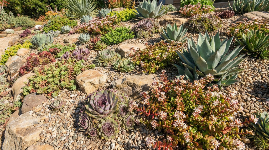 Gros plan sur un jardin rocailleux ensoleillé, foisonnant de plantes grasses comme des agaves, sédums et joubarbes, avec pierres et graviers.