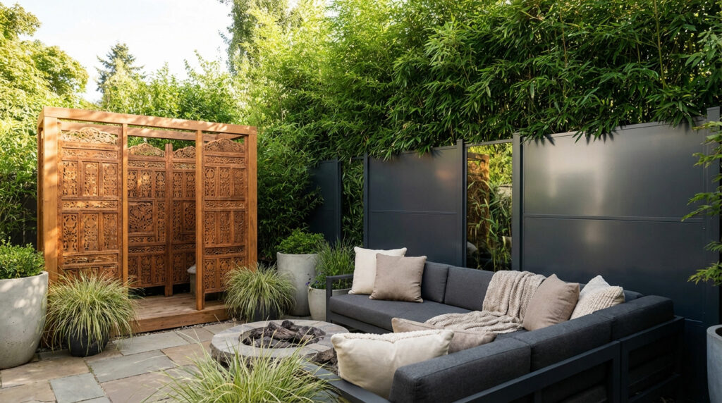 Terrasse moderne avec canapé d'angle, foyer, panneaux occultants noirs, bambous luxuriants et écran en bois sculpté.