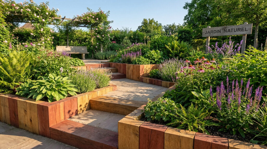 Jardin en terrasses avec escalier et jardinières en traverses de chemin de fer. Fleurs violettes, vertes, banc et panneau "JARDIN NATUREL".