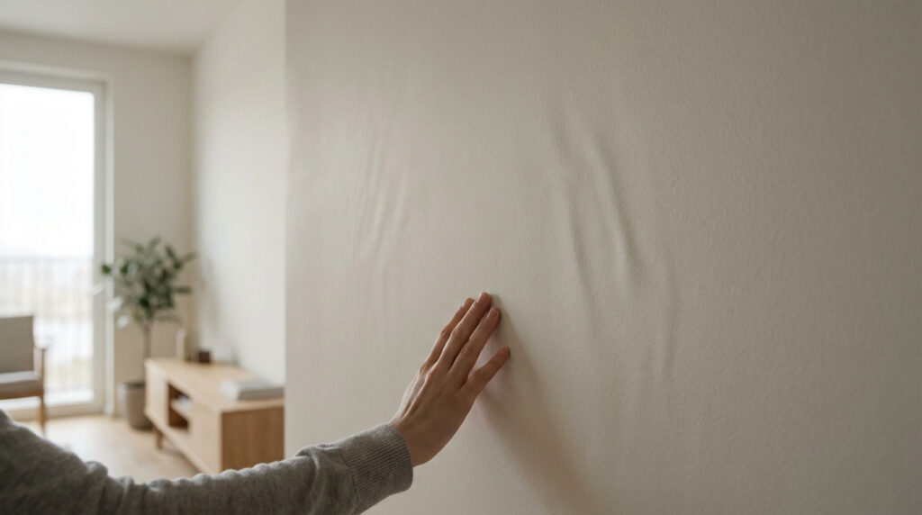 Gros plan sur une main posée sur un mur clair présentant des ondulations, évoquant la détection de vibrations ou de défauts.