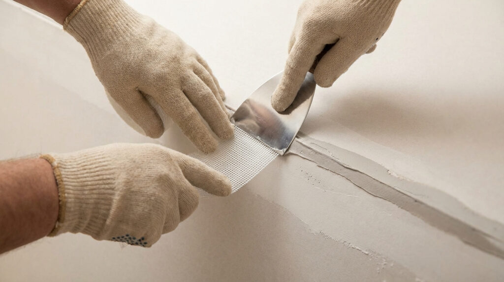 Gros plan sur des mains gantées appliquant une bande calicot et de l'enduit avec une spatule sur un joint mural.