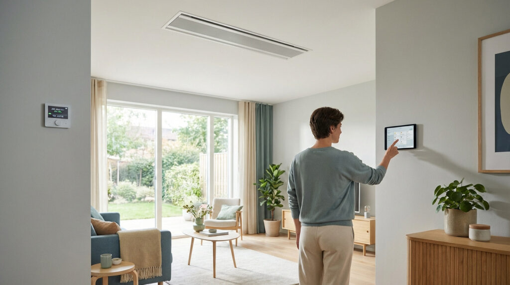 Personne ajustant un système de ventilation VMC via tablette murale dans salon moderne avec capteur de qualité d'air.