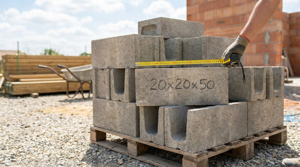 Main mesurant les dimensions d'un parpaing sur une palette, avec "20x20x50" visible, sur un chantier de construction.