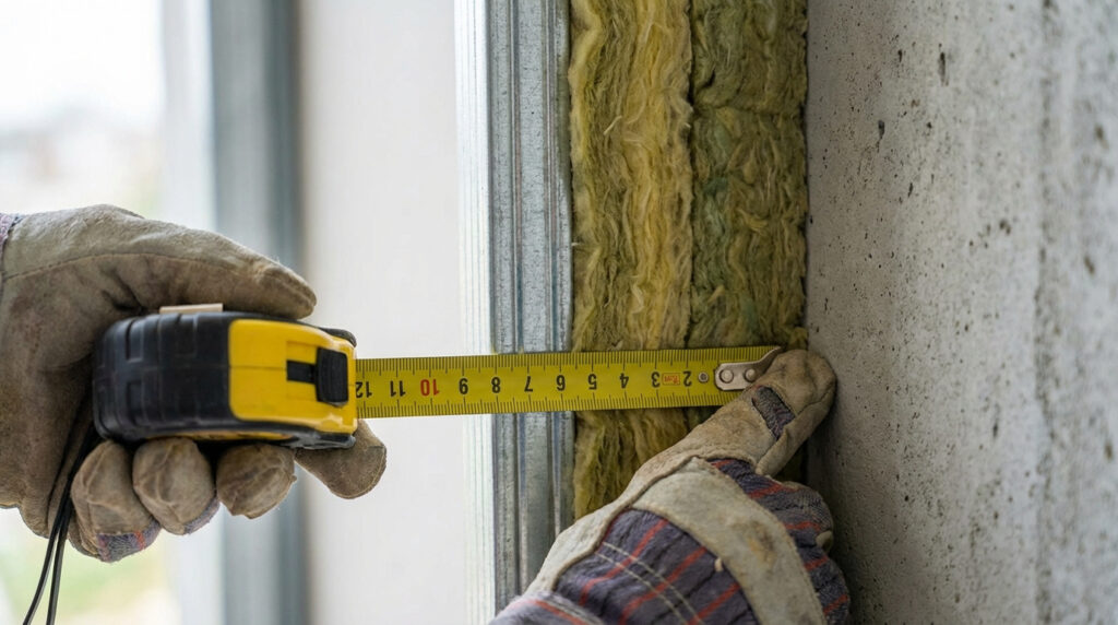 Main gantée mesurant la distance entre un rail de placo et un mur en béton, avec une isolation thermique visible au milieu.