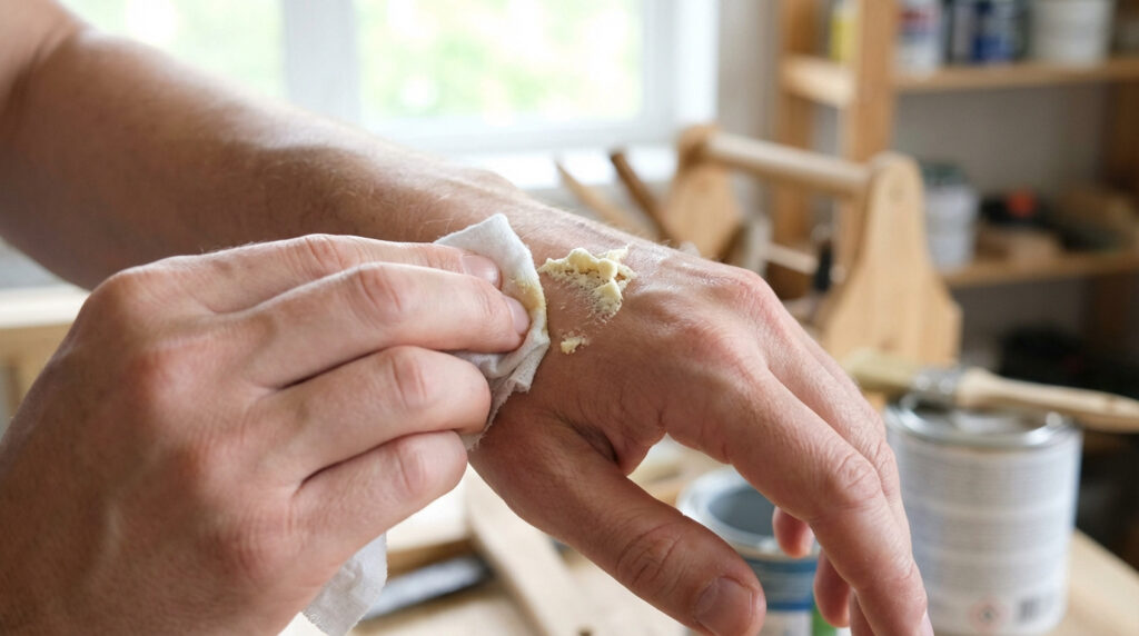 Gros plan sur une personne en train d'enlever de la mousse expansive jaune sur le dos de sa main avec un chiffon blanc.