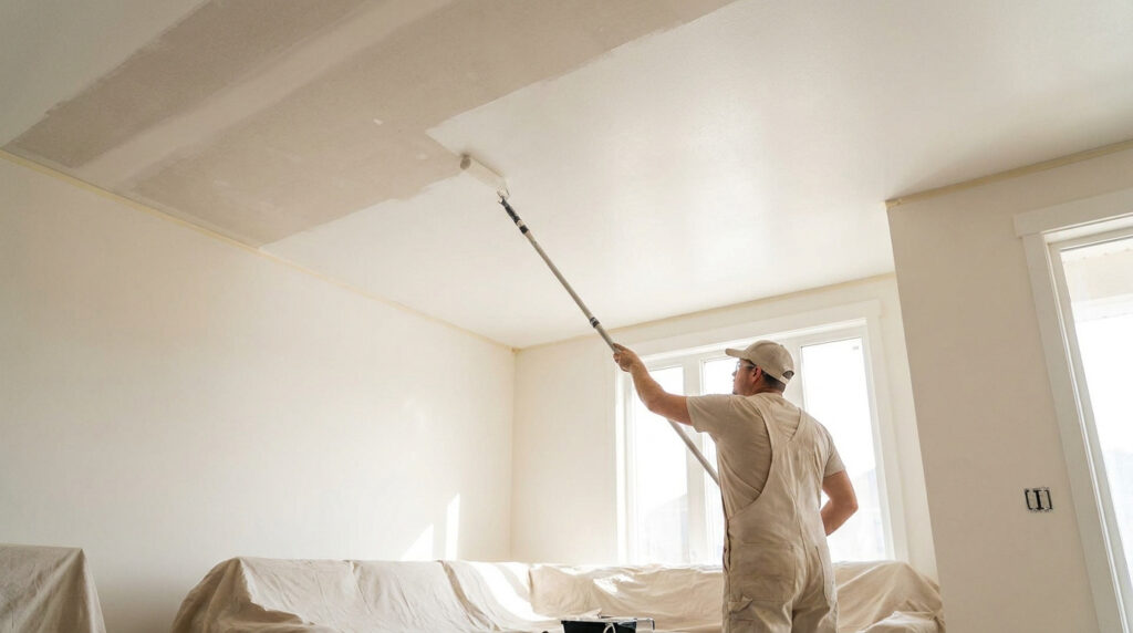 Un peintre en combinaison et casquette utilise un rouleau sur perche pour peindre un plafond en blanc. Le mobilier est protégé par des bâches.