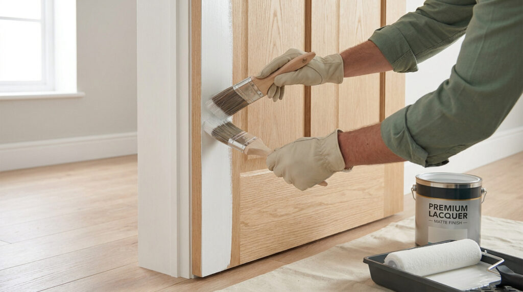 Mains gantées peignant en blanc un encadrement de porte en bois avec deux pinceaux. Pot de laque mate et rouleau au sol.