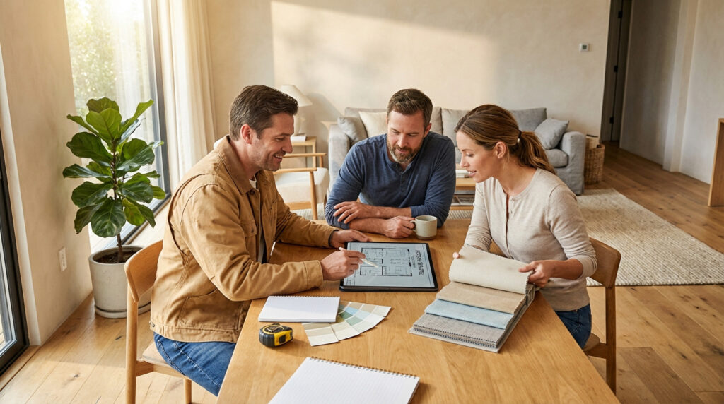 Un artisan explique un plan de rénovation sur tablette à un couple, qui consulte échantillons de tissus et nuanciers.